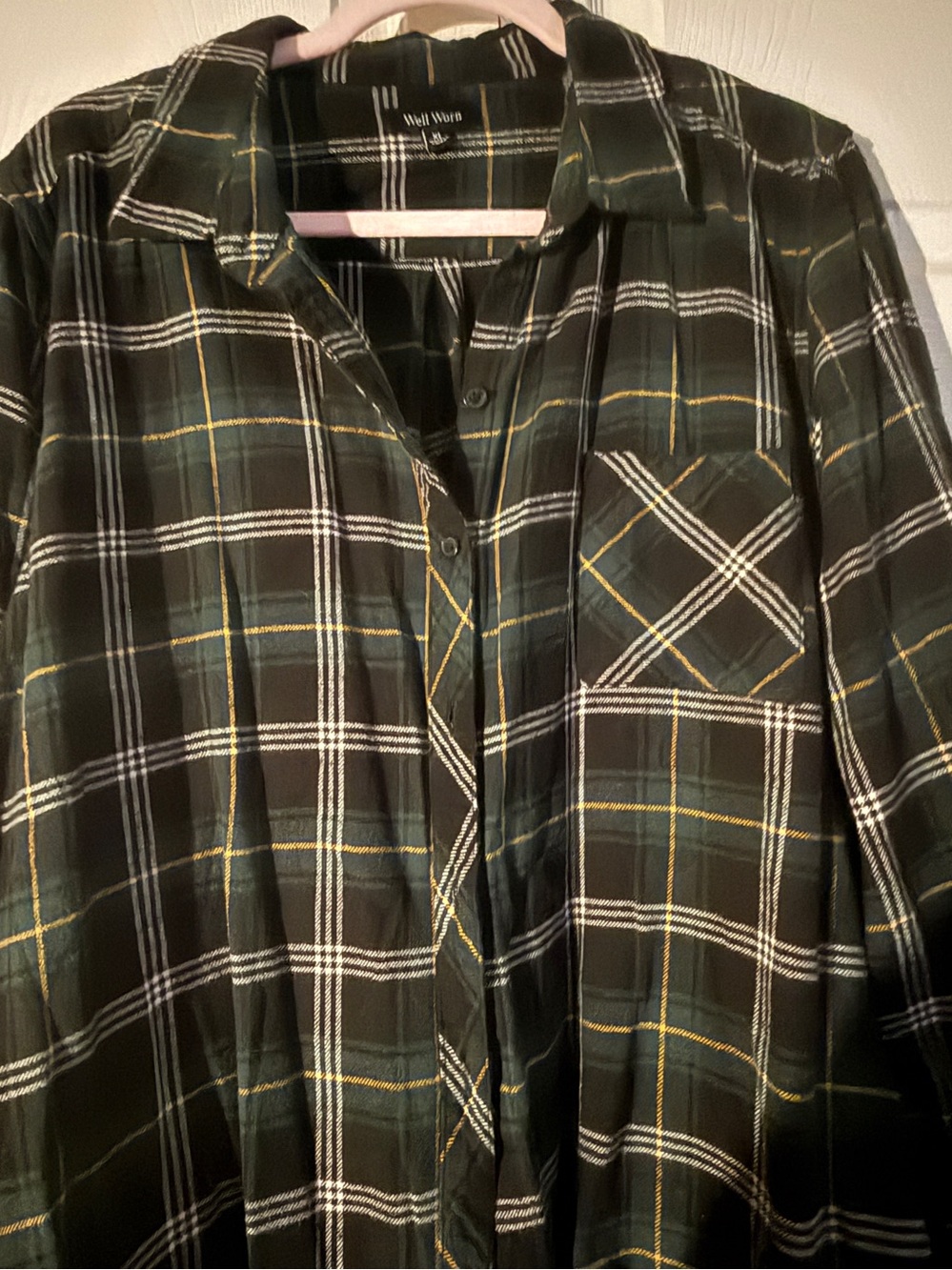 Well Worn Dark Green Plaid Button-Up Shirt with Yellow and White Accents